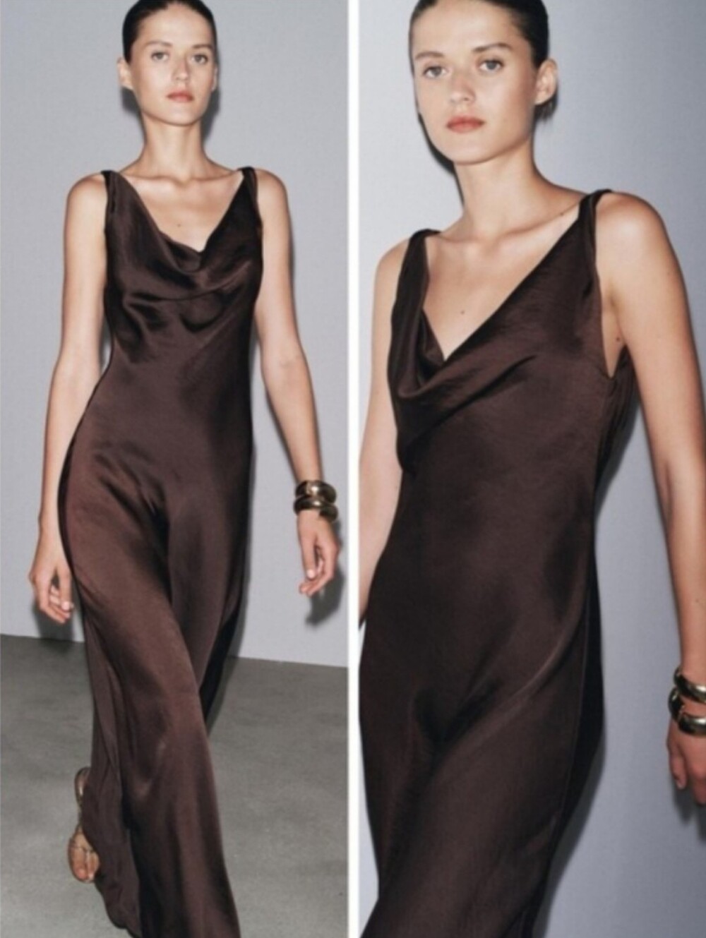 NWT Zara Brown Satin Cowl Neck Maxi Dress